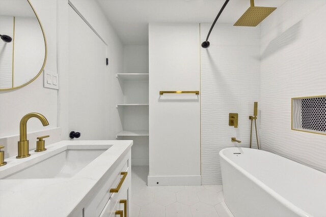 bathroom featuring vanity, independent shower and bath, and tile patterned flooring