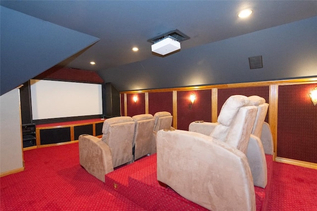 cinema room featuring carpet floors, lofted ceiling, and recessed lighting