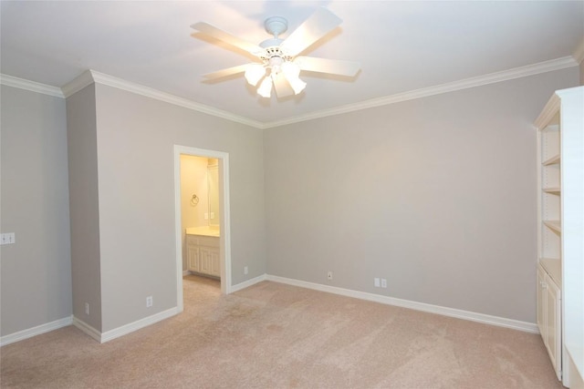 unfurnished bedroom with ceiling fan, baseboards, light colored carpet, and ornamental molding