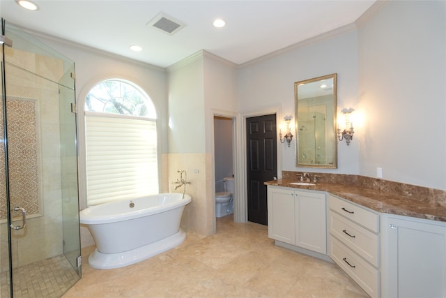 full bathroom with crown molding, separate shower and tub, vanity, and toilet