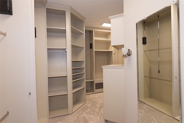 walk in closet featuring light colored carpet