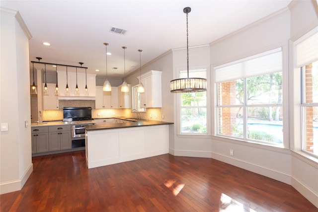 kitchen featuring crown molding, dark wood-type flooring, stainless steel oven, decorative light fixtures, and decorative backsplash