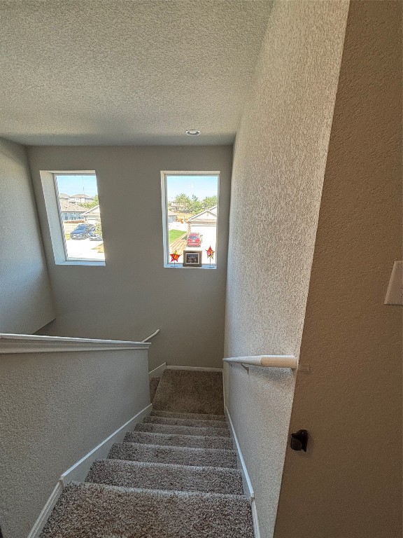 staircase featuring carpet floors and a textured ceiling