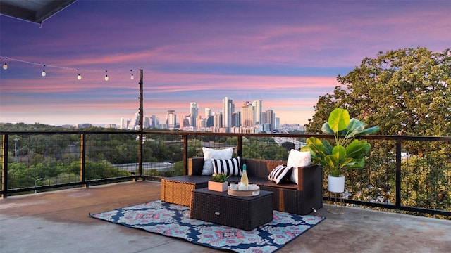 view of patio terrace at dusk