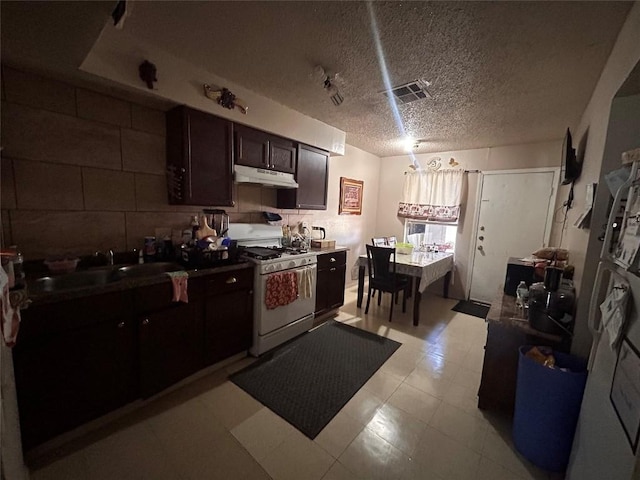 kitchen with dark brown cabinetry, sink, gas range gas stove, and a textured ceiling