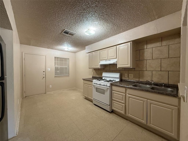 kitchen with tasteful backsplash, white gas range, sink, and a textured ceiling