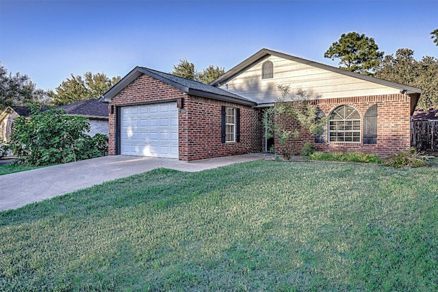 ranch-style home featuring a garage and a front yard