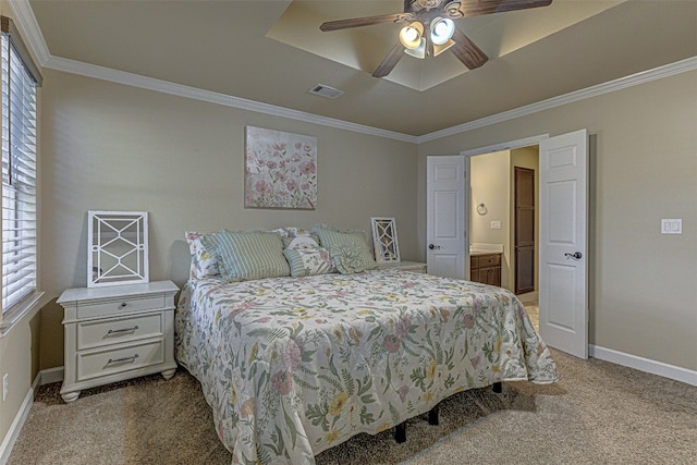 bedroom with ornamental molding, ceiling fan, and carpet