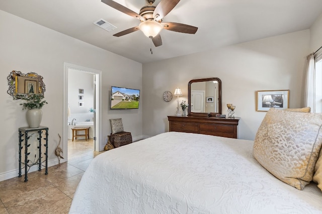 tiled bedroom with ceiling fan