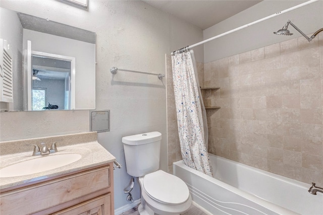 full bathroom with shower / bath combination with curtain, vanity, and toilet