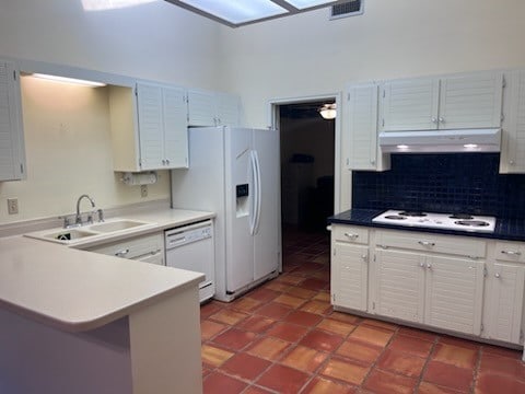 kitchen featuring kitchen peninsula, backsplash, sink, white cabinetry, and white appliances