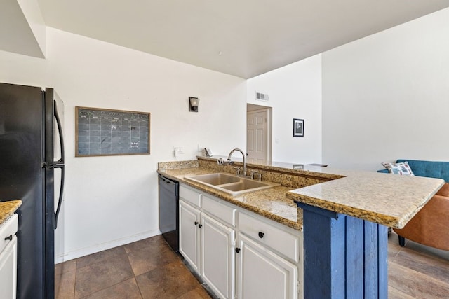 kitchen with a sink, black appliances, visible vents, a peninsula, and white cabinets