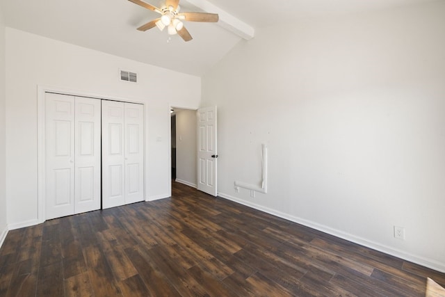 505 Demarett Dr Unit 12, Point Venture, TX 78645 - unfurnished bedroom with beamed ceiling, dark wood finished floors, baseboards, a closet, and high vaulted ceiling