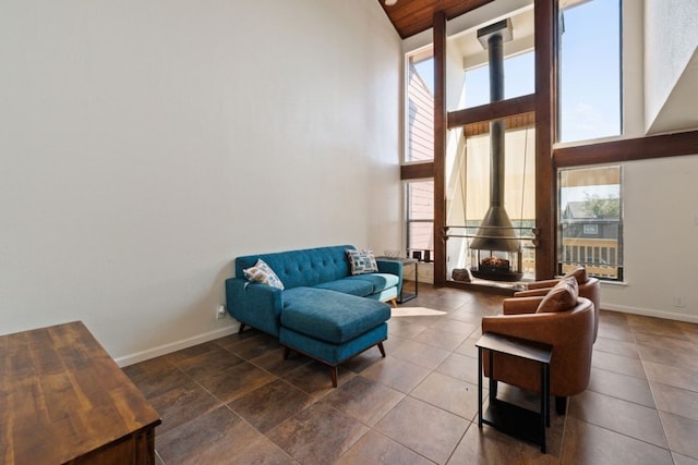 living area featuring a high ceiling and a wood stove