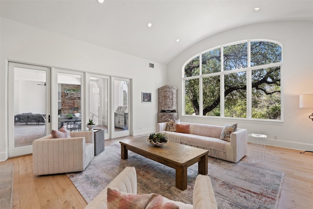 living room featuring lofted ceiling and light wood-type flooring