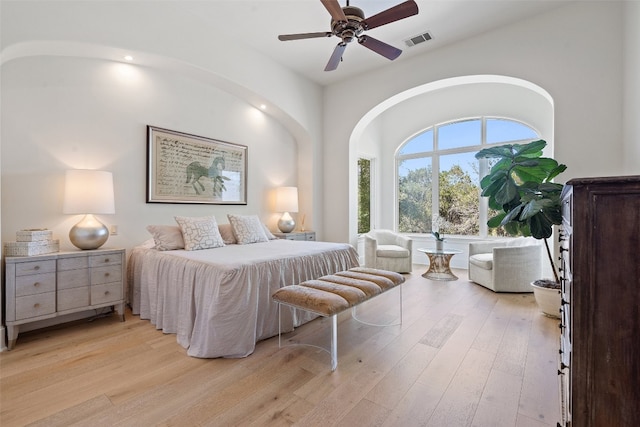 bedroom featuring light hardwood / wood-style flooring and ceiling fan