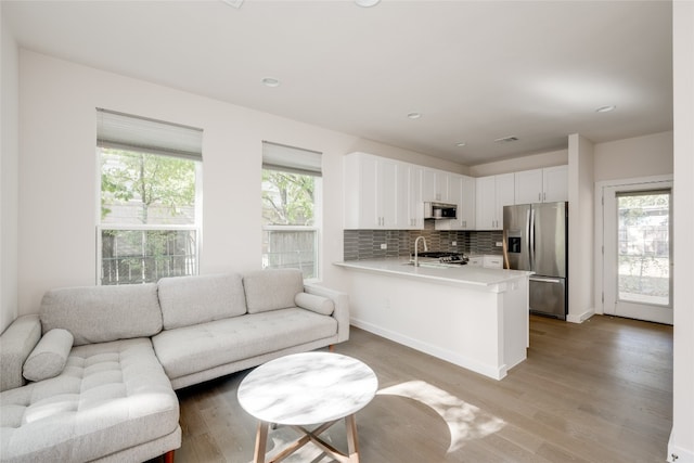 living room featuring light wood-type flooring, sink, and a wealth of natural light