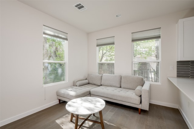 living room featuring dark wood-type flooring and a wealth of natural light