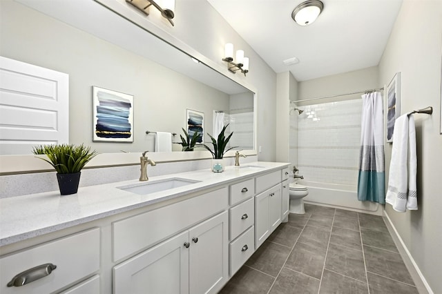 full bathroom with tile patterned flooring, vanity, shower / bath combination with curtain, and toilet