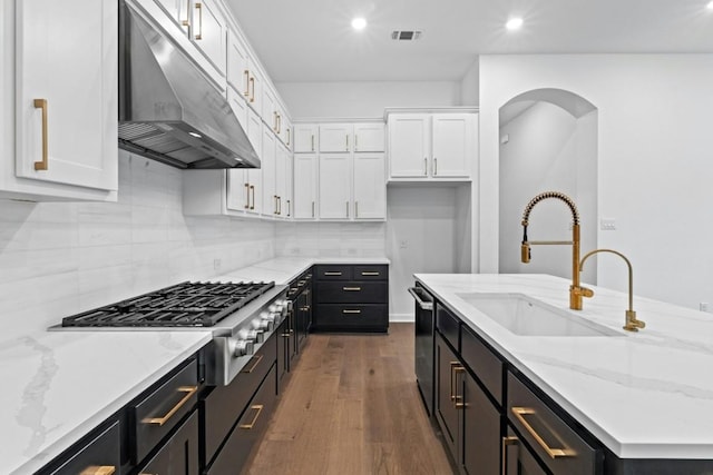 kitchen with dark hardwood / wood-style flooring, light stone counters, white cabinetry, and sink