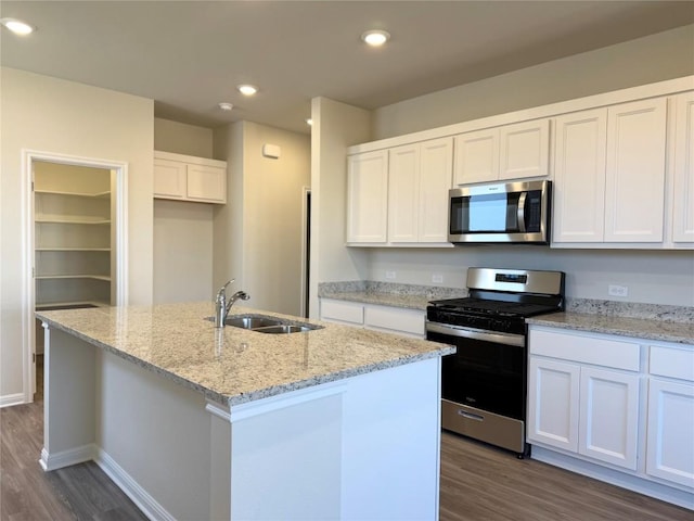 239 Hidalgo Ln, Elgin, TX 78621 - kitchen with stainless steel appliances, a sink, dark wood-style floors, white cabinets, and a center island with sink