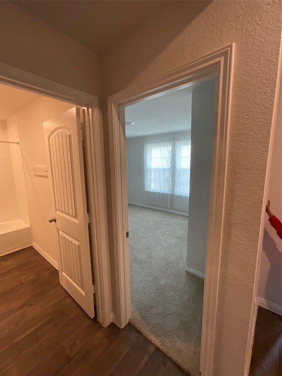 hallway with dark hardwood / wood-style flooring