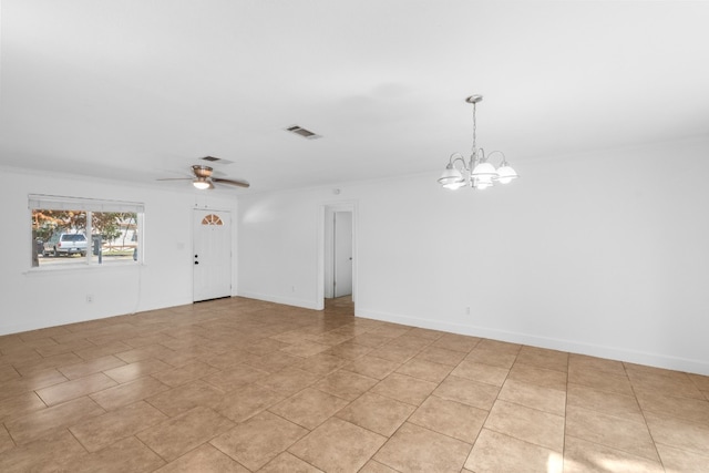 unfurnished room featuring crown molding and ceiling fan with notable chandelier