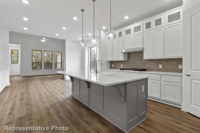 kitchen featuring an island with sink, white cabinets, sink, and dark hardwood / wood-style flooring