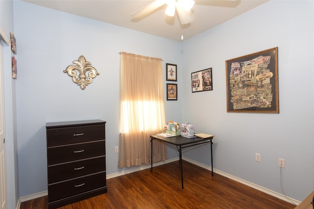 office area featuring ceiling fan and dark wood-type flooring