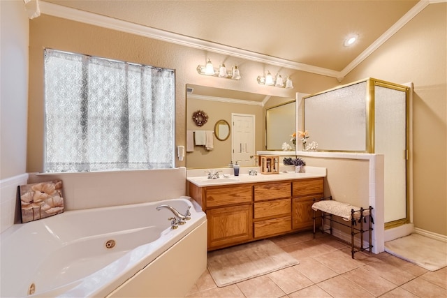 bathroom with independent shower and bath, crown molding, tile patterned flooring, and vanity