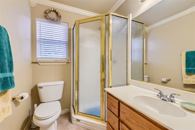 bathroom featuring toilet, crown molding, a shower with door, and tile patterned floors