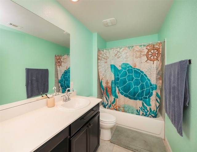 full bathroom featuring tile patterned flooring, shower / bathtub combination with curtain, vanity, and toilet