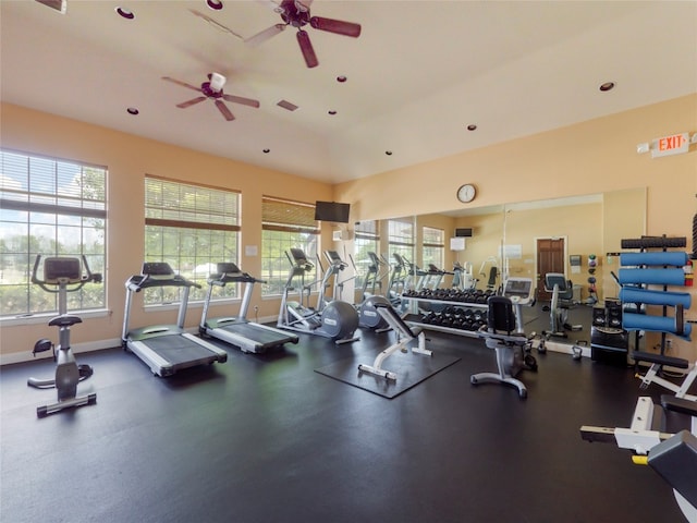 workout area with ceiling fan and a healthy amount of sunlight