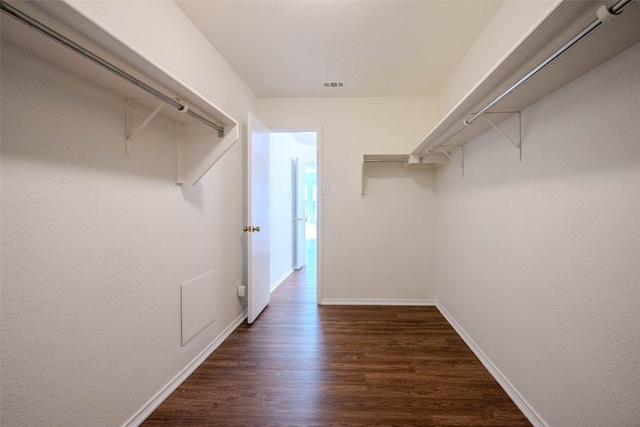 walk in closet with dark hardwood / wood-style floors