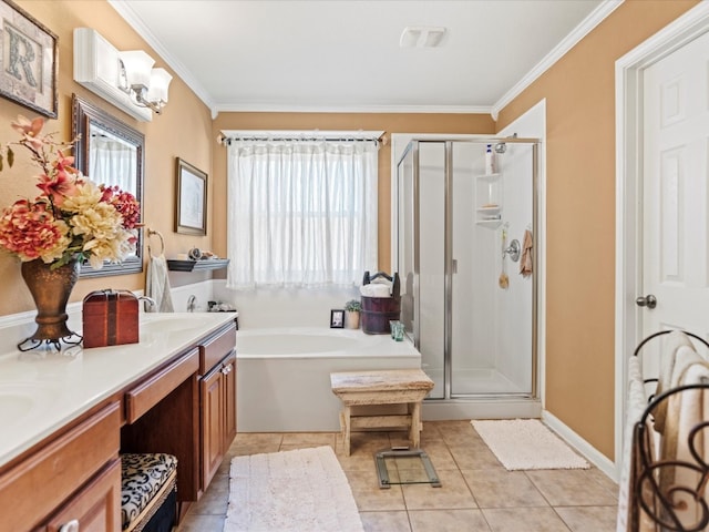 bathroom with vanity, crown molding, and plus walk in shower