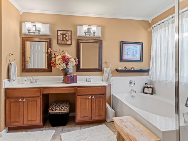 bathroom with a bath, ornamental molding, tile patterned flooring, and vanity