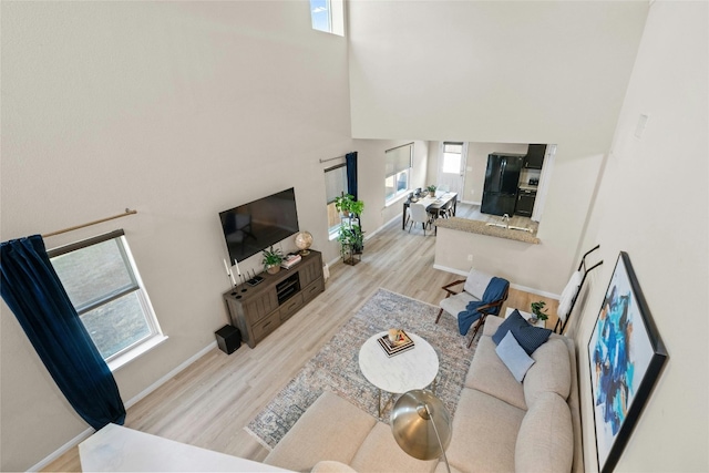 living room with light hardwood / wood-style flooring and a high ceiling