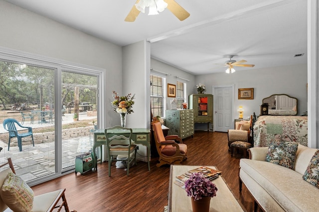 bedroom featuring access to outside, dark hardwood / wood-style floors, and ceiling fan