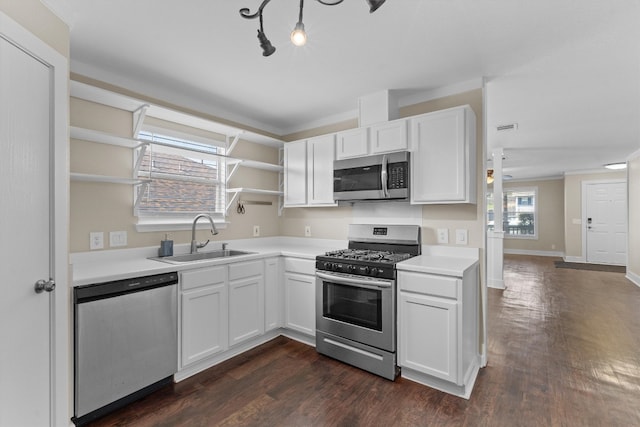 kitchen with dark wood-type flooring, appliances with stainless steel finishes, and white cabinetry