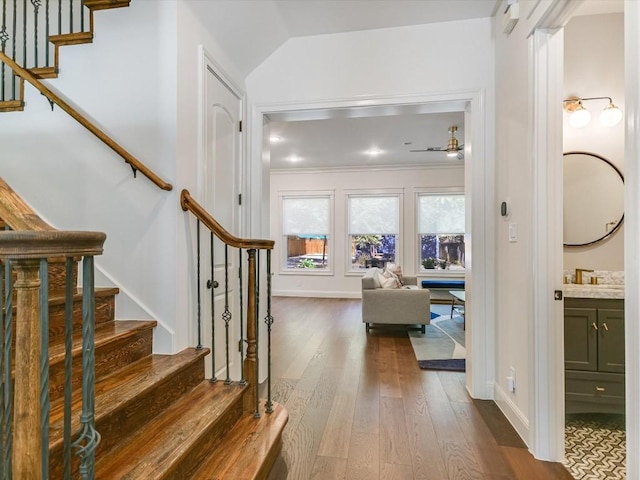 entrance foyer with ceiling fan and dark wood-type flooring