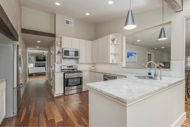 2200 Westover Rd, Austin, TX 78703 - kitchen featuring open shelves, stainless steel appliances, a sink, a peninsula, and light stone counters