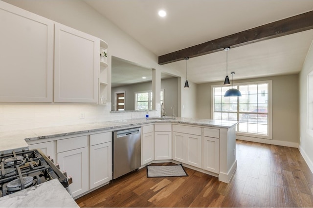 kitchen with kitchen peninsula, white cabinetry, and stainless steel dishwasher