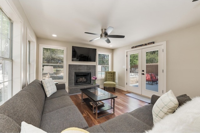 living room featuring dark wood-type flooring, french doors, and a healthy amount of sunlight