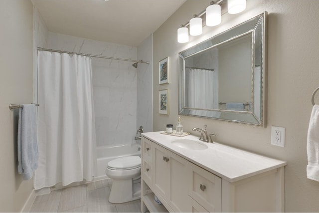 full bathroom with tile patterned flooring, vanity, shower / bath combo with shower curtain, and toilet