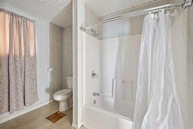 bathroom with toilet, shower / bath combination with curtain, and tile patterned flooring