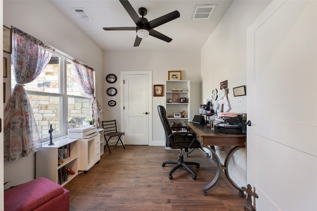 office featuring dark wood-type flooring and ceiling fan