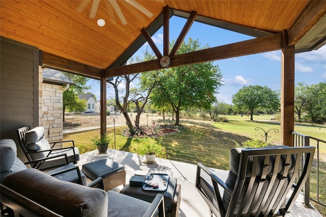 view of patio / terrace featuring a gazebo, an outdoor hangout area, and ceiling fan