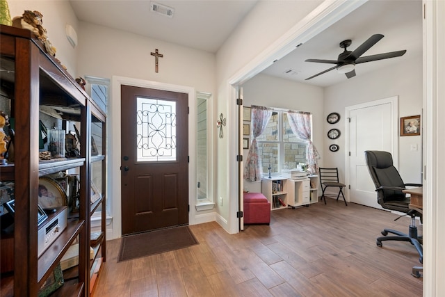 foyer featuring a wealth of natural light, wood-type flooring, and ceiling fan