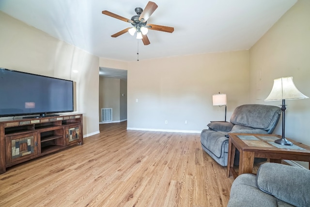 living area with ceiling fan and light wood-type flooring