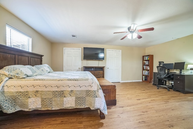 bedroom featuring ceiling fan and light hardwood / wood-style floors